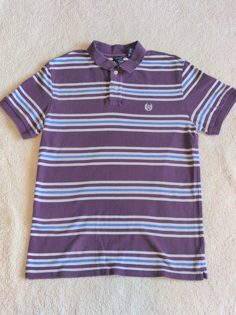 Chaps Mens Short Sleeve Polo Purple with White & Light Blue Stripes Size Medium